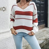 preiswerte Grafische Muster und Details-Damen Pullover Lässig Gestreift Grobstrick V Ausschnitt Gestrickt Langarm Normale Oberteile Stricken Täglich Ferien Ausgehen Rosa Rote Herbst Winter