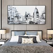 abordables Peintures paysages-Peinture à l&#039;huile faite à la main sur toile, décoration murale moderne abstraite, paysage architectural noir et blanc pour salon, décoration d&#039;intérieur, peinture roulée sans cadre, non tendue