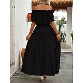 preiswerte Lässige Blumenkleider-Damen Langes Kleid Maxikleid Schwingkleid Sommerkleid Elegant Ausgehen Sommerkleid Normale Passform Einfarbig Kurzarm Schulterfrei Schwarz Rote Rosenrot Aprikose Sommer