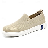 billiga Slip-ons och loafers till herrar-Beige stickade slip-on herrsneakers – andningsbara lätta vardagsskor för sommar, promenader och semester