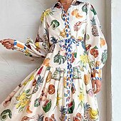 ieftine Rochii Boho-Pentru femei Rochii Midi Rochii Tip Cămașă Rochie leagăn Rochie imprimata Modă Clasic Modern În aer liber Vacanță Concediu Fit regulat Floare Manșon Lung Guler Cămașă Alb Toamnă