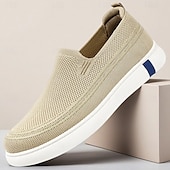 billiga Slip-ons och loafers till herrar-Beige stickade slip-on herrsneakers – andningsbara lätta vardagsskor för sommar, promenader och semester