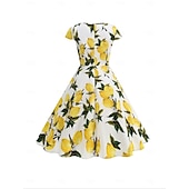 preiswerte Kleider-Retro Vintage 1950er Rockabilly Midlänge Swing-Kleid Ausgestelltes Kleid Kappe Blumen Frucht A-Linie Quadrathals Damen Karneval Urlaub Alltagskleidung Retro-Mottoparty Erwachsene Kleid Frühling