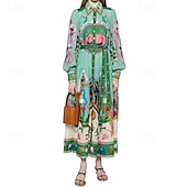 levne Boho šaty-Dámské Midi šaty Košilové šaty Šaty s potiskem Módní Klasické Moderní Venkovní Dovolená Jdeme ven Běžný Květiny Dlouhý rukáv Košilový límec Trávová zelená Podzim