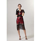 preiswerte Kleider-Retro Vintage Goldene Zwanziger 1920er Midlänge Flapper Kleid Cocktailkleid Der große Gatsby Flapper-Mädchen Pailletten Fransen V Ausschnitt Damen Weihnachten Halloween Karneval Hochzeit