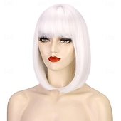 levne Párty paruky-Rovná bílá paruka s ofinou 30 cm krátké bílé bob paruky pro ženy syntetické barevné cosplay párty paruka