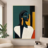 abordables Peintures portraits-Peinture de portrait abstrait moderne faite à la main peinte à la main avec un contraste chromatique audacieux - peintures à l&#039;huile géométriques figure féminine en or cobalt figure pour peinture