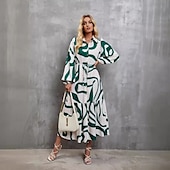 voordelige Kunst &amp; Design Jurk-Dames Maxi-jurk A lijn jurk Vakantie Feest Casual Feest Dagelijks Afspraakje Normale pasvorm Abstract Lijn Lange mouw Overhemdkraag Zwart-wit print Groene en witte print Zomer Lente Herfst