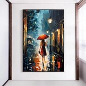 abordables Pinturas de paisajes-Lienzo pintado a mano de una chica en una ciudad lluviosa, con una chica en la calle bajo un paraguas y una lluvia, decoración abstracta, pared de una chica en la ciudad de Nueva York, arte de pared