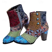 preiswerte Stiefeletten-Damen Stiefel Vintage-Schuhe Täglich Blumen Geometrisch Stiefeletten Perlenstickerei Blockabsatz Runde Zehe Vintage PU Reißverschluss Purpur Braun Grün