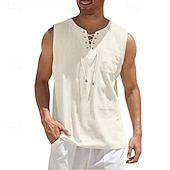 economico Vacanza-Per uomo Camicia Camicia di lino Camicia popover Camicia Estiva Abbigliamento da spiaggia Maglietta senza maniche Tinta unica Vacanza Streetwear Nero Bianco Blu marino Azzurro cielo Senza Maniche