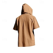 cheap Vacation-Men&#039;s Shirt Linen Shirt Popover Shirt Casual Shirt Cotton Shirt Plain Vacation Street Black White Navy Blue Brown Short Sleeve Hooded Summer Clothing Apparel Lace up