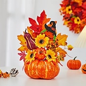 baratos Guirlandas de Halloween e Decorações Florais-enfeite de mesa de outono de Halloween com abóbora falsa, folhas de bordo e luz LED para o festival da colheita de outono, decoração de cena assustadora de Halloween para casa e festa de outono