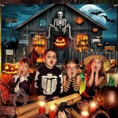 halpa halloween seinävaatteita-Halloween-kummitustalon seinävaate – Luuranko ja hohtava Jack-o&#039;-lantern-portaikkokohtaus pelottava yötaivas goottilainen tausta 2025 Halloween-olohuoneeseen makuuhuoneeseen juhlakoristeeksi