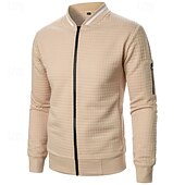 baratos Jaquetas Casuais-Homens jaqueta leve Jaqueta casual Jaqueta do time do colégio Férias Diário Bolsos Emenda Primavera Outono Bloco de cor Moda Clássico Colarinho Chinês Padrão Tecido Waffle Preto Branco Vinho Azul
