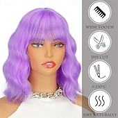 economico Parrucche da festa-Parrucca viola con frangia, parrucche corte viola chiaro per donne, parrucca ondulata caschetto viola lavanda, parrucche sintetiche per cosplay per feste di Halloween.
