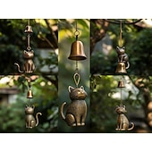 levne nástěnné sochy-Ručně dělaná retro zvonkohra s kočkou, vintage měděná zvonkohra ve tvaru kočky se zvonkem, venkovní závěsná dekorace na verandu a zahradu, ideální dárky pro milovníky koček.