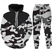 tanie męski dres i bluza z kapturem-Męskie Dres Zestaw strojów Zestaw bluzy Bluza Na zewnątrz Codzienny Sport Kieszeń Ściągana na sznurek Kamuflaż Czarny Ciemnozielony Pomarańczowy Druk graficzny Poliester Odzież sportowa Moda Moda