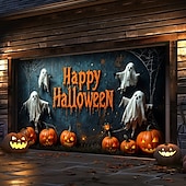 Недорогие Накрытие для гаражных ворот на Хэллоуин-Баннер-застежка для гаражных дверей на Хэллоуин – Сцена &quot;Счастливого Хэллоуина&quot; с тыквами и летучими мышами крупный размер для гаражных дверей включает в себя крепеж для легкой установки уличное