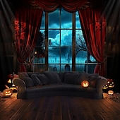 abordables halloween tentures murales-Tapisserie murale Halloween gothique avec vue de fenêtre – Scène de scène avec rideau rouge et nuit spooky éclairée par la lune toile de fond d&#039;horreur pour le salon la chambre la décoration de