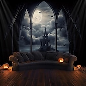 preiswerte Halloween-Wandteppiche-Halloween hängender Wandteppich Schlossfensteransicht Fotografien Hintergrund Jack O Lantern Wandkunst großes Wandteppich Wandbild Dekovorhang Zuhause Schlafzimmer Wohnzimmer Dekoration Tod Selfie