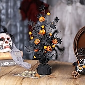 billige Halloween-kranser og blomsterdekorasjoner-Kunstig potteplante med halloween-gresskar og lønneblader, skummel dekorasjon med svart gresskartre, skummel halloween-borddekorasjon til hjem, fest, innendørs bruk
