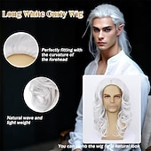 رخيصةأون باروكات للرجال-باروكة شعر رجالي طويل مجعد ومموج باللون الأبيض باروكة شعر صناعي مقاوم للحرارة للاستخدام اليومي في الحفلات التنكرية والهالوين