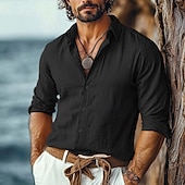 economico Vacanza-Per uomo Camicia Camicia di lino Camicia Estiva Abbigliamento da spiaggia Camicia con Bottoni Semplice Vacanza Casuale Nero Bianco Cachi Grigio Manica Lunga Collo ripiegato Estate Primavera