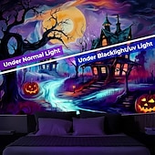 cheap Halloween Wall Tapestries-Halloween Blacklight Tapestry Haunted House UV Reactive Glow in the Dark Forest Trippy Mountain Misty Graveyard Ghost Hanging Tapestry Wall Art Mural for Living Room Bedroom