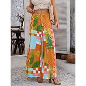 abordables jambe large et taille haute-Femmes Jambe large Chinos Vacances ancien Mode Longueur complète Taille haute Fleuri Ceinture Élastique Impression Confortable Doux Micro-Élastique Extérieur Vacances Rue Blanche Jaune Rose Claire