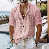 economico Vacanza-Per uomo Camicia di lino Camicia casual Camicia in cotone e lino Camicia con Bottoni Fede Vacanza Abbigliamento quotidiano Nero Bianco Verde chiaro Rosa Manica Corta Bavero Tutte le stagioni