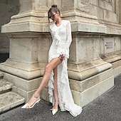 preiswerte Einfaches Kleid-Damen Maxikleid Etui-Kleid Party Geburtstag Cocktail Trompetenärmel Party Ausgehen Strand Figurbetonter Schnitt Einfarbig Langarm V Ausschnitt Weiß Frühling Herbst