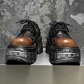 ieftine Cizme de motociclism-Pantofi Oxford cu platformă gotică pentru bărbați, cu flăcări – pantofi cu talpă groasă în stil punk pentru cosplay, Halloween și streetwear