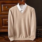 billiga tröja för män-Herr Pullover tröja Stickad tröja Ribbad Sticka Vanliga toppar Stickat Slät V-hals Mode Grundläggande Semester Dagliga kläder Kläder Höst Vinter Kamel Vin S M L