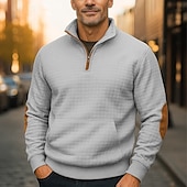baratos Suéteres básicos-Homens Moletom Moletom Waffle Moletom com zíper Preto Azul Marinha Cáqui Cinzento Escuro Cinzento Colarinho Clerical Tecido Patchwork Textura Desportos e Ar livre Casual Diário Roupa de rua Legal