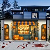 cheap Halloween Garage Door Cover-Halloween Garage Door Cover Pumpkin Shop Entrance Banner, Large Tapestry Backdrop Decoration for Holiday Outdoor Garage Door and Home Wall, 2025 Halloween Decorations