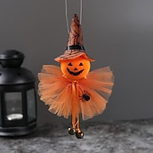 levne Halloweenové závěsné a stolní dekorace-Závěsná ozdoba na halloweenskou panenku čarodějnice, kreslený zvonek s tylovou sukní, dýně, duch a plyšové přívěsky s černou kočkou pro vnitřní i venkovní halloweenské párty a domácí dekorace