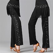 voordelige Broek-Dames Latijns-Amerikaanse dansbroek met pailletten en franjes – lange, wijde broek voor jitterbug- en matrozendansen &amp;ballroomvoorstelling/oefening