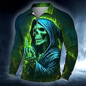 billiga Mäns mönstrade pikétröja-Halloween Herr Dödskalle Polo Långärmad Polotröjor Ledigt Mörk Utomhus Gata Dagliga kläder 3D-utskrift Quarter Zip Polo Vår Höst Vinter Rubinrött Orange Grön