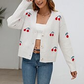preiswerte Strickjacken und Oberbekleidung-Damen Pullover Strickjacke Mode Streetwear Täglich Frucht Gerippt V Ausschnitt Gestrickt Langarm Normale Oberteile Stricken Ferien Ausgehen Wochenende Weiß Herbst Winter