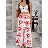 abordables jambe large et taille haute-Femmes Jambe large Chinos Vacances ancien Mode Longueur complète Taille haute Fleuri Ceinture Élastique Impression Confortable Doux Micro-Élastique Extérieur Vacances Rue Blanche Jaune Rose Claire