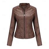 cheap Faux Leather Jackets-Women&#039;s Faux Leather Jacket Comfortable Pocket Full Zip Fashion Street Style Plain Outdoor Casual Daily Regular Stand Collar Regular Fit Long Sleeve Outerwear Black Red Camel Spring Fall