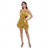 preiswerte Kleider-Retro Vintage Goldene Zwanziger 1920er Mini Flapper Kleid Der große Gatsby Flapper-Mädchen Pailletten Fransen V Ausschnitt Damen Weihnachten Halloween Karneval Hochzeit Abendgesellschaft Maskerade