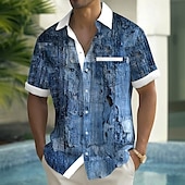 cheap Geometric Pattern-Men&#039;s Distressed Print Denim-like Shirt Summer Shirt Button Up Shirt Short Sleeve Fashion Casual Outdoor Vacation Dailywear Summer Spring Turndown 3D Print Collared Shirts Front One Pocket Blue