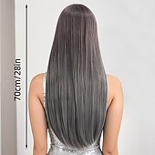 economico Parrucche da festa-parrucca lunga e liscia grigio argento per donna – fibra ad alta temperatura, con mèches, frangia piena, parrucca per tutta la testa, ideale per cosplay, Halloween e uso quotidiano