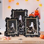 abordables Décorations Suspendues et de Table pour Halloween-Cadre photo en résine gothique d&#039;Halloween, motif marguerite 3D noir et or, cadre d&#039;affichage photo rectangulaire pour la décoration intérieure, support photo chaud de bureau, utilisation horizontale