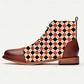 baratos Calçados de Declaração-Botas masculinas de tecido jacquard xadrez com cadarço – botins estilo vintage retrô para looks criativos, festas e uso diário