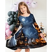 tanie Dziewczęce kostiumy na Halloween-Halloween Dziewczyny &#039; 3D Graficzny Dynia Duch Sukienka Długi rękaw Lato Wiosna Urlop Codzienny Święto Księżniczka Piękny Słodkie Dzieci 4-12 lat Codzienne sukienki Sukienka A line Do kolan Regularny