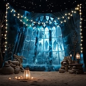 preiswerte Halloween-Wandteppiche-Halloween hängender Wandteppich Schlossfensteransicht Fotografien Hintergrund Jack O Lantern Wandkunst großes Wandteppich Wandbild Dekovorhang Zuhause Schlafzimmer Wohnzimmer Dekoration Tod Selfie