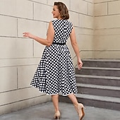 cheap Dresses-Retro Vintage 1950s Rockabilly Midi A Line Dress Flare Dress Plus Size With Belt Polka dots A-Line Women&#039;s Vacation Homecoming Party &amp; Evening Adults Dress Belt Spring &amp; Summer